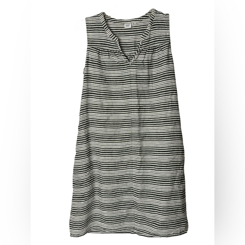 GAP Black White Striped Linen Blend V-Neck Shift Dress Pockets Womens Medium